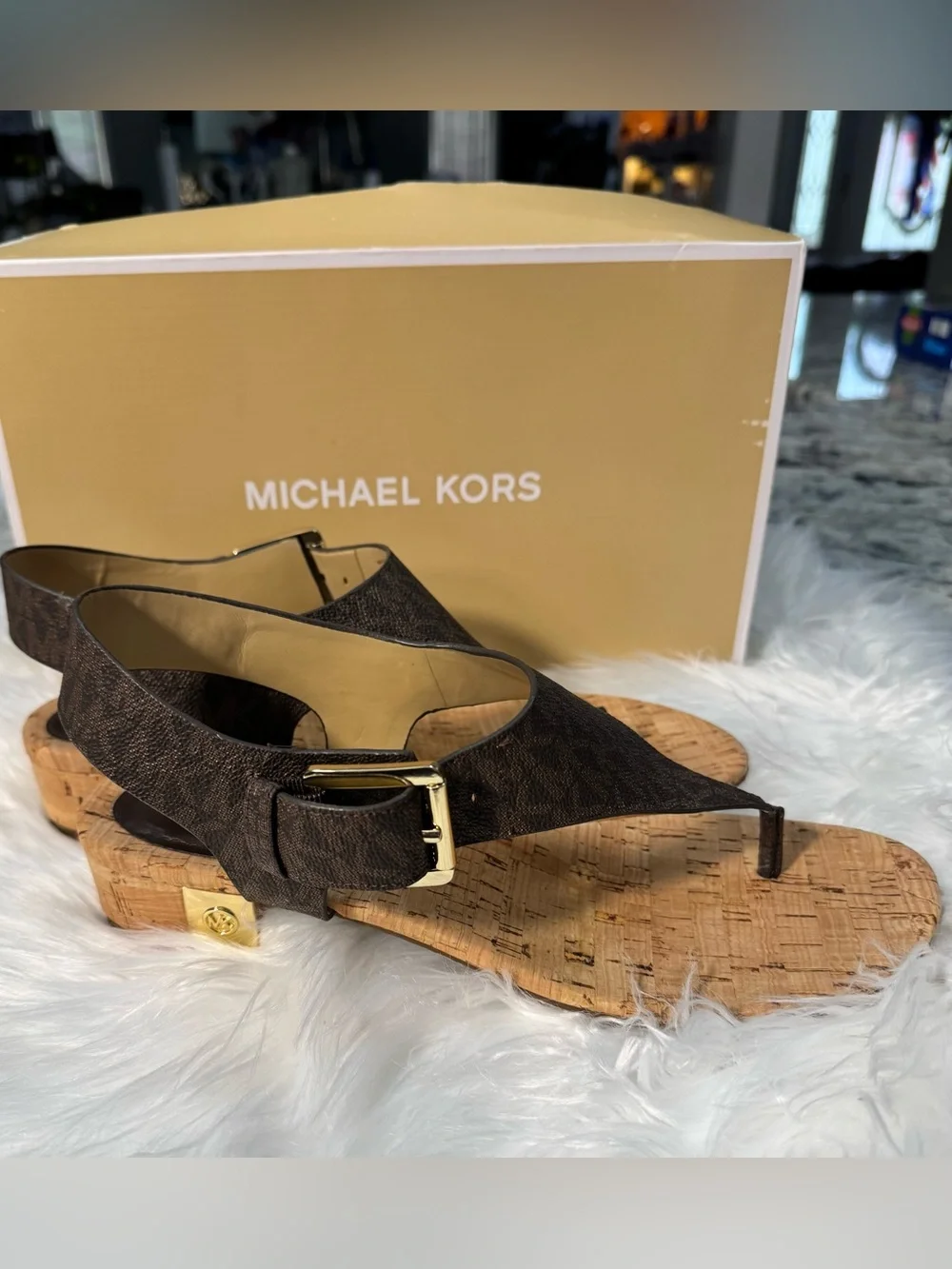 Michael Kors NEW Brown MK Logo Cork Thong Sandals with Gold Buckle